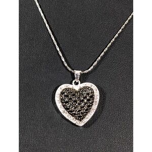 Cookie Lee Black Rhinestone Pave Heart Pendant Necklace Silver Tone 18 in